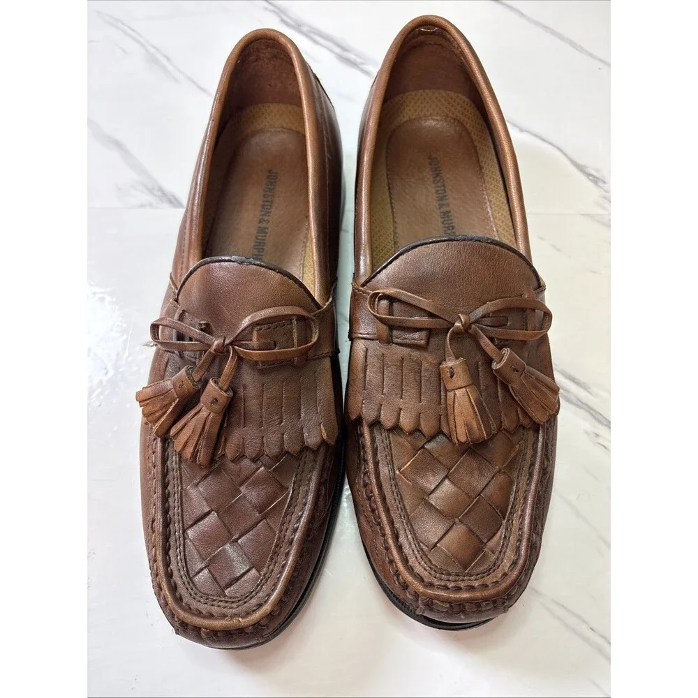Johnston & Murphy Men’s Halsey Kiltie Tassel Brown Woven Leather Loafers 10M
